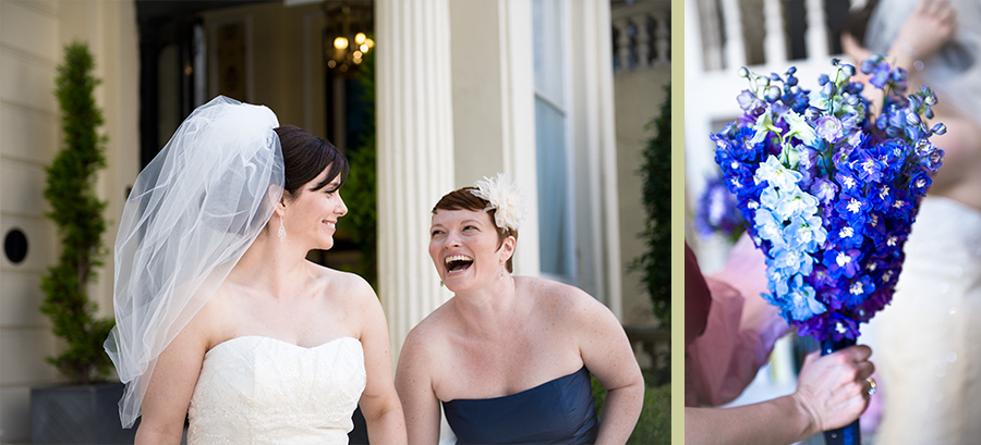 Blue bridal bouquet and blue bridesmaid's dress in Little Venice